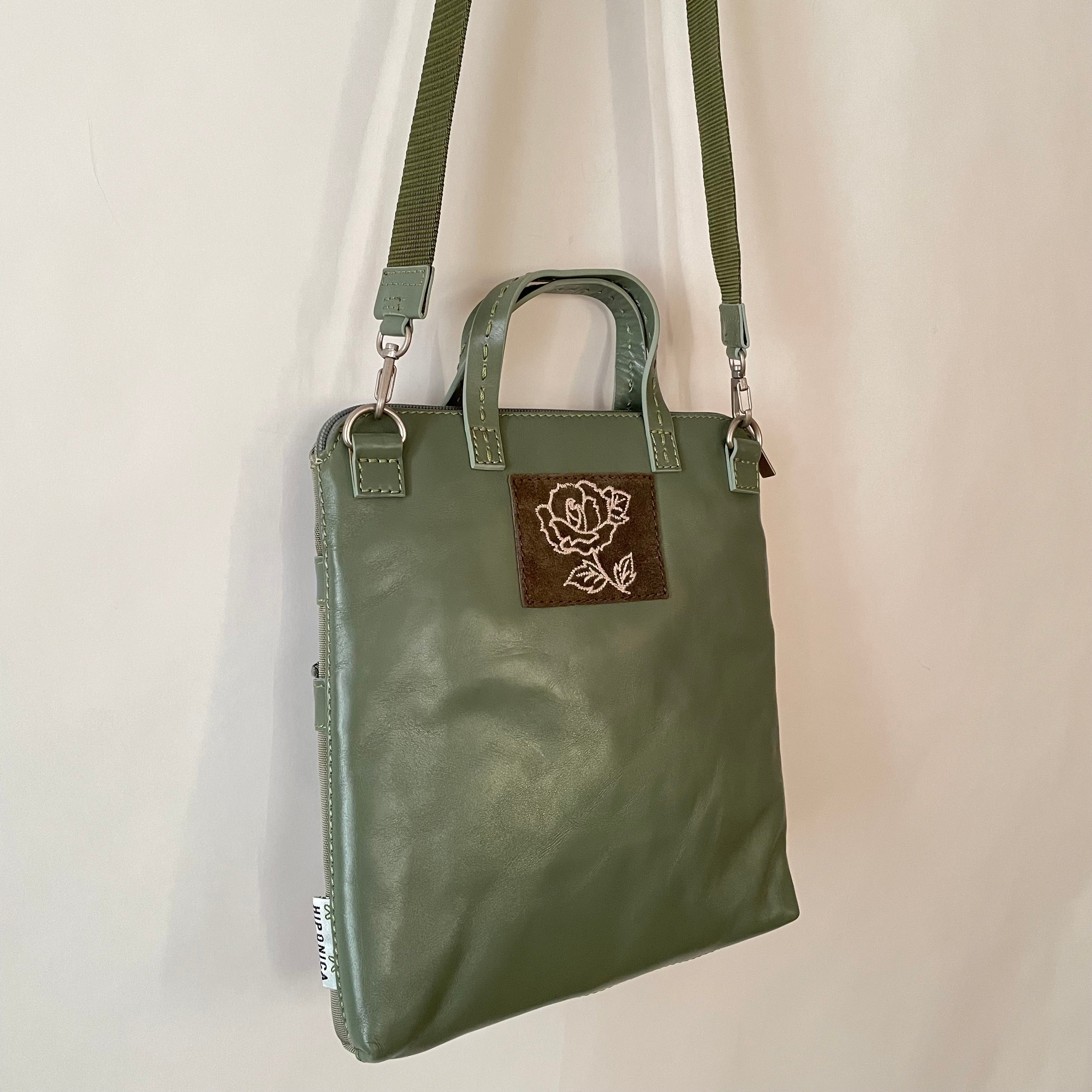 Premium Collection | Small Nylon x Leather Mix Cross-Body Shoulder Bag with Metal Zipper Pulls and Rose Embroidery | Sage